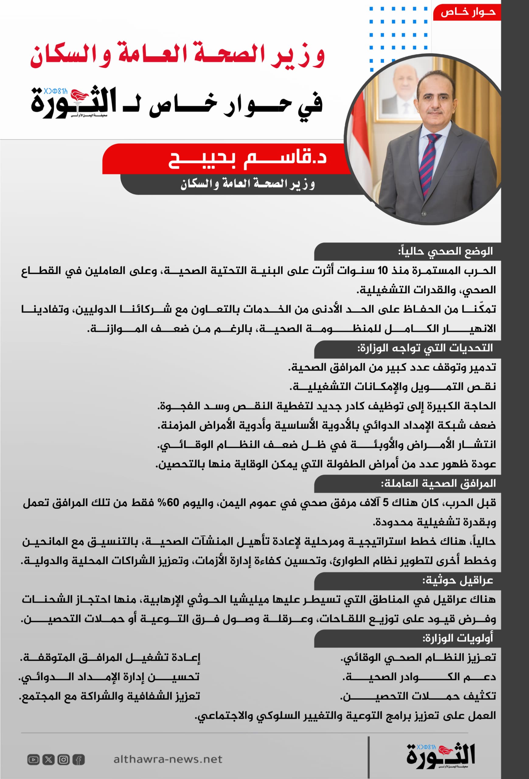 وزير الصحة في حوار خاص لـ«الثورة»: