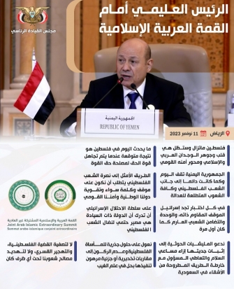 أبرز ماورد في خطاب رئيس مجلس القيادة الرئاسي أمام القمة العربية الاسلامية