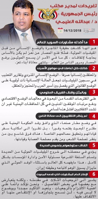 د. العليمي: اتفاق ستوكهولم يؤدي في محصلته إلى تسليم الحديدة للسلطة الشرعية