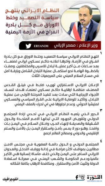 النظام الإيراني ينتهج سياسة التصعيد وخلط الأوراق مع كل بادرة انفراج في الأزمة اليمنية