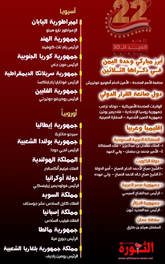 أبرز مباركي وحدة اليمن في عيدها الثلاثين